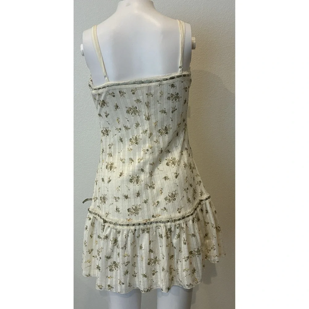 Vintage Y2K Floral Milkmaid Coquette Mini Dress Size M Ivory Romantic Cottage